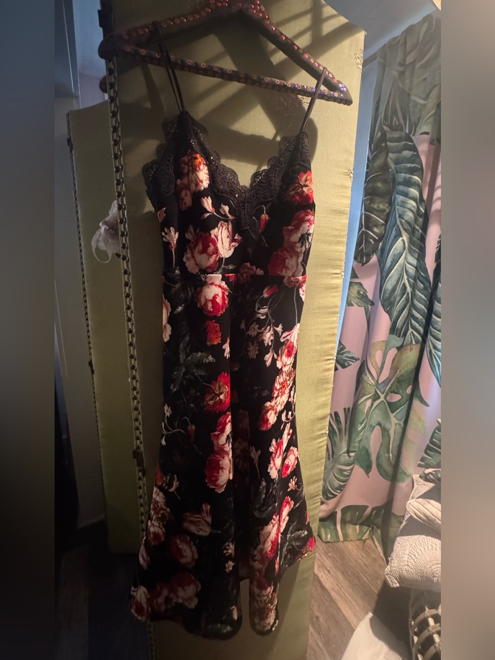 foxiedox Black Floral Lace Slip with Pink and Cream Roses